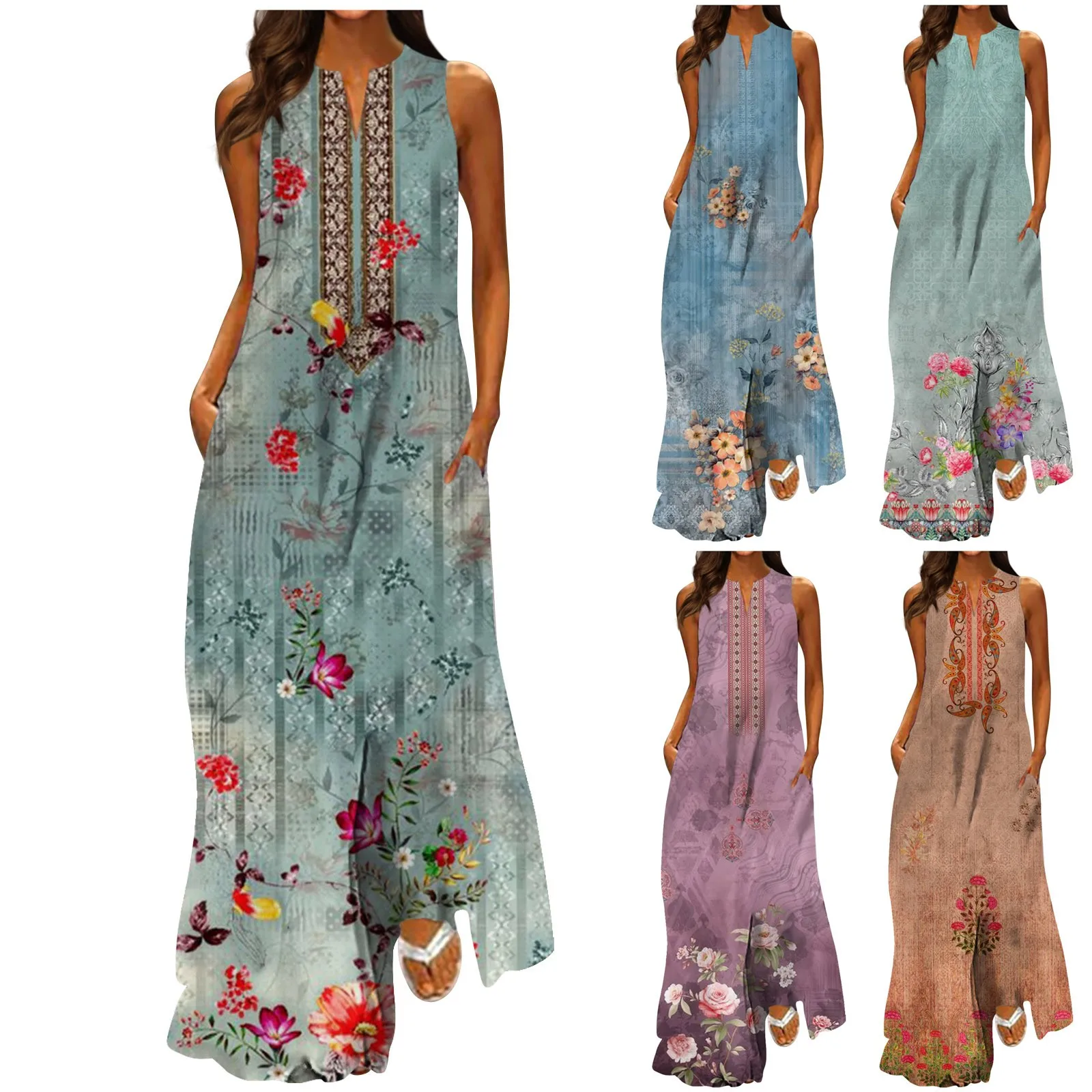 

2023 Summer Tank Top Skirt Art Style Long Dress Printed Women's V-neck Sleeveless Long Loose Vintage Dress A-line Dress