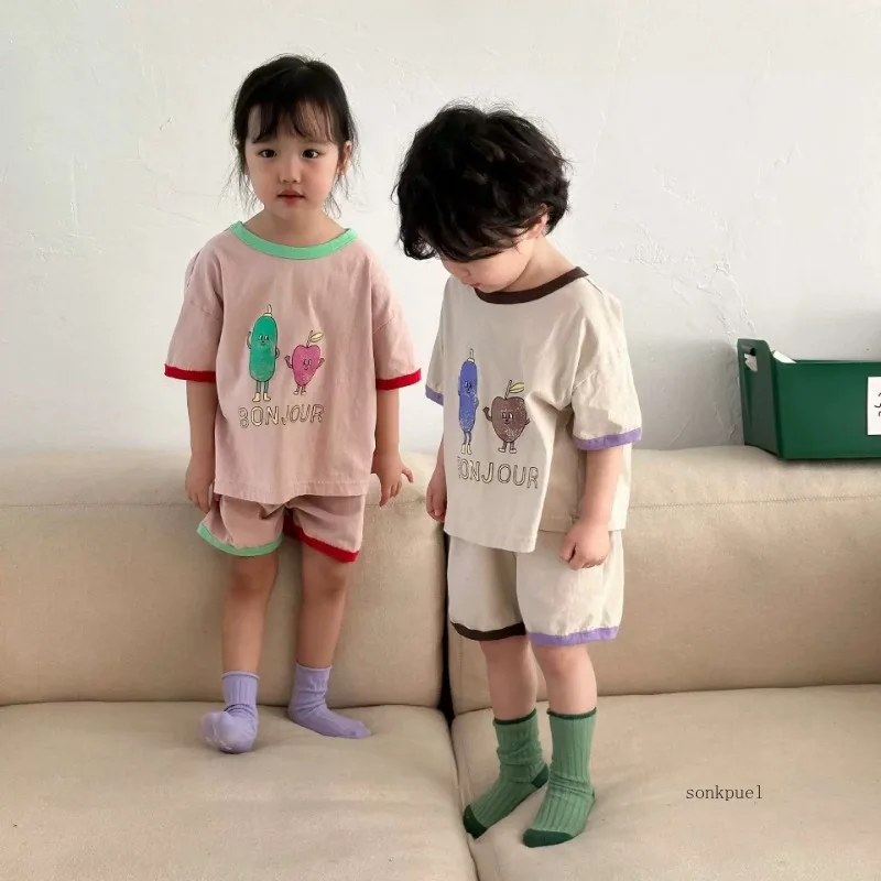 2024 여름 어린이 의류 세트 짧은 소매 티셔츠와 반바지 2 Pcs 소년 정장 캐주얼 소녀 의류 세트