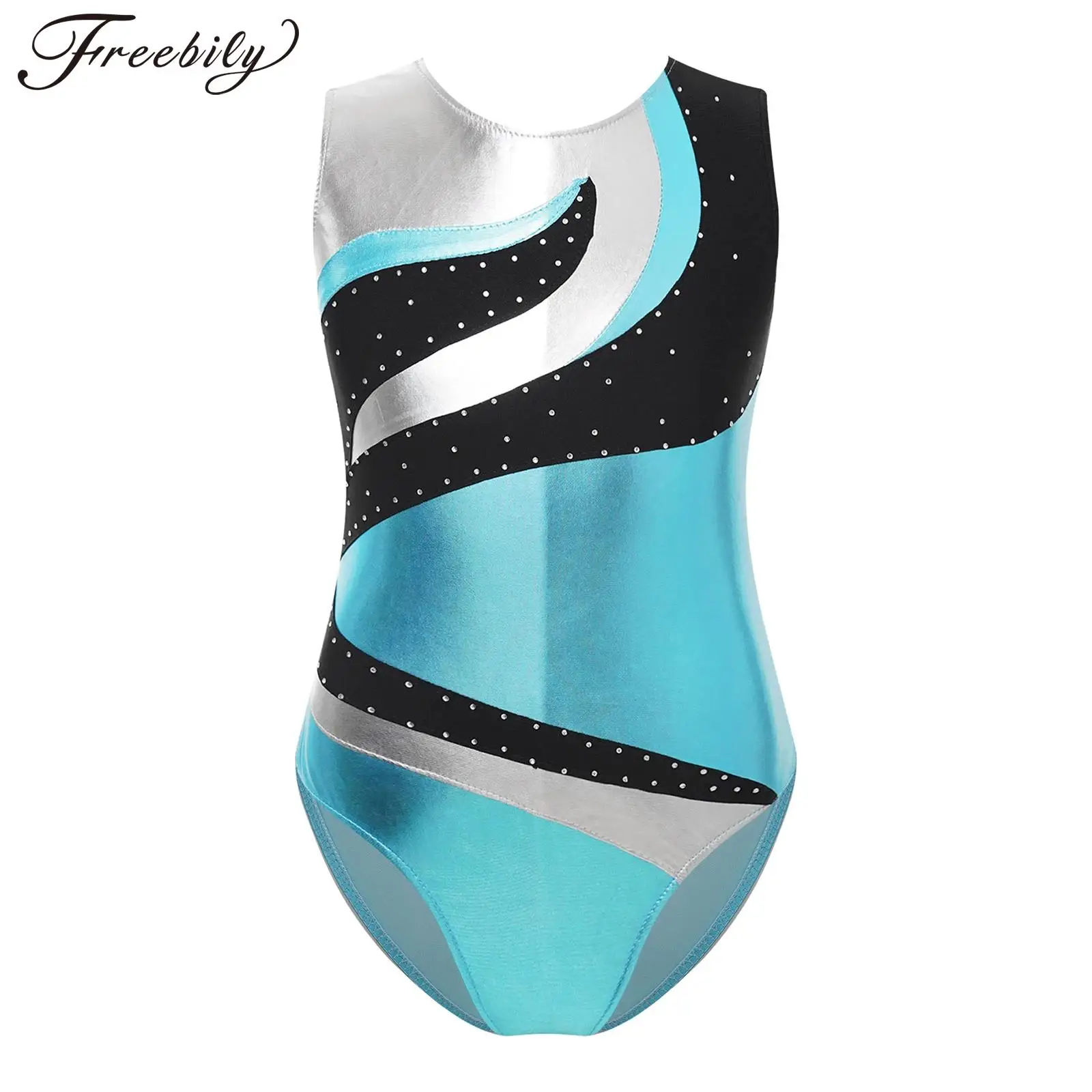 

Kids Girls Ballet Dance Leotard Figure Skating Gymnastics Costume Sleeveless Shiny Rhinestone Bronzing Cloth Bodysuit Dancewear