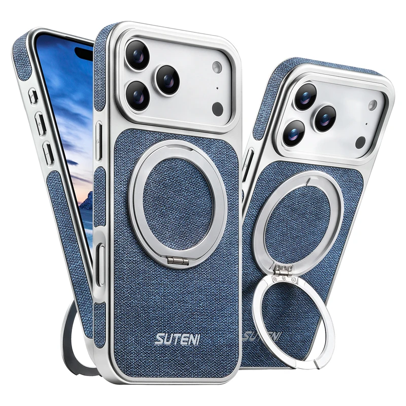 Fashion Magnetic Denim Pattern PU Leather Phone Case with 360° Rotating Ring Bracket