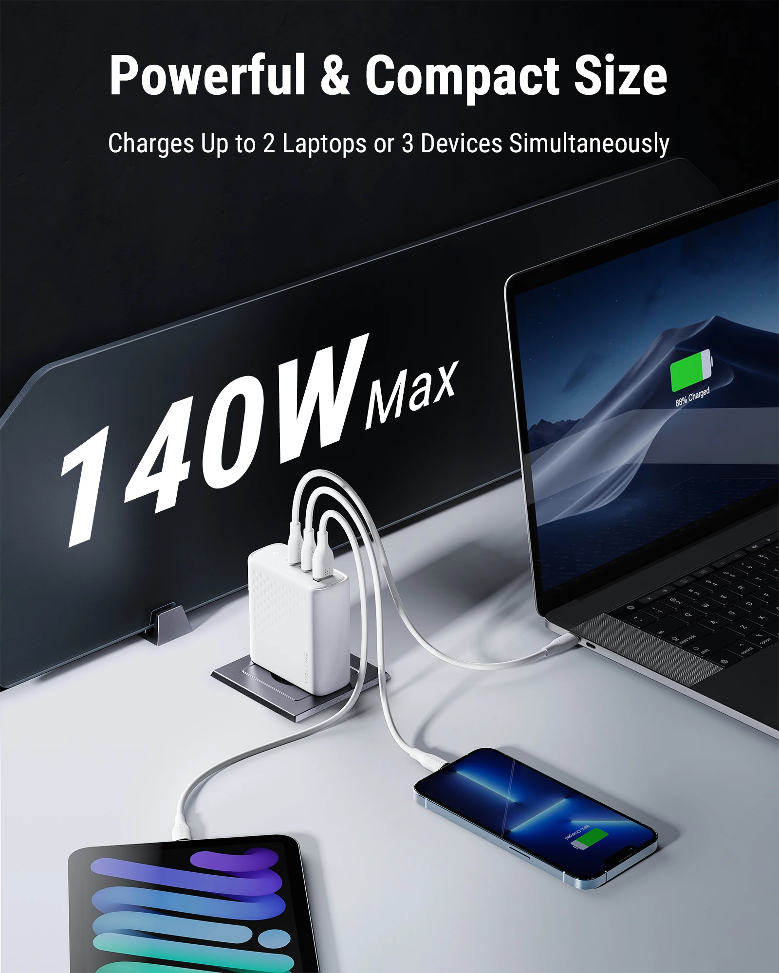 Caricatore USB C GaN 65W 3 Porte - PD 3.0, Con Cavo USB-C Incluso, Compatibile Con MacBook, IPhone, IPad, Galaxy