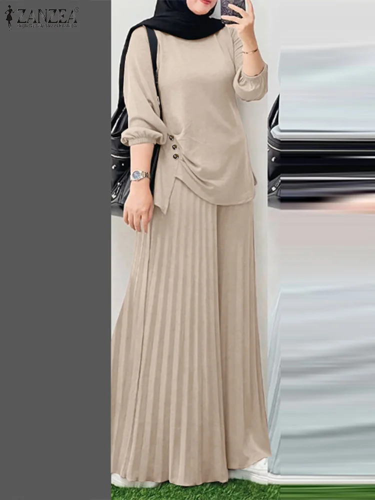 2pcs ZANZEA Spring Outfits Muslim Women Elegant Matching Sets Casual Long Sleeve Tops Trousers Suit IsIamic Hijab Tracksuit muslim sets,muslim women top,muslim trousers