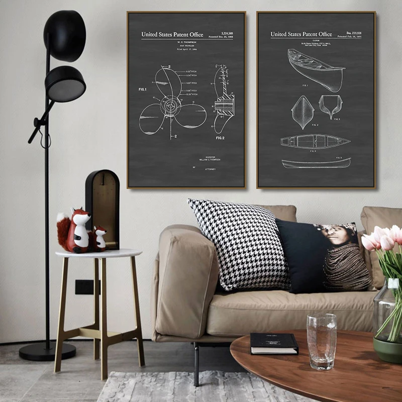 Semplice in bianco e nero grigio stile industriale americano retrò nostalgico nave struttura diagramma pittura su tela decorativa - immagine 2