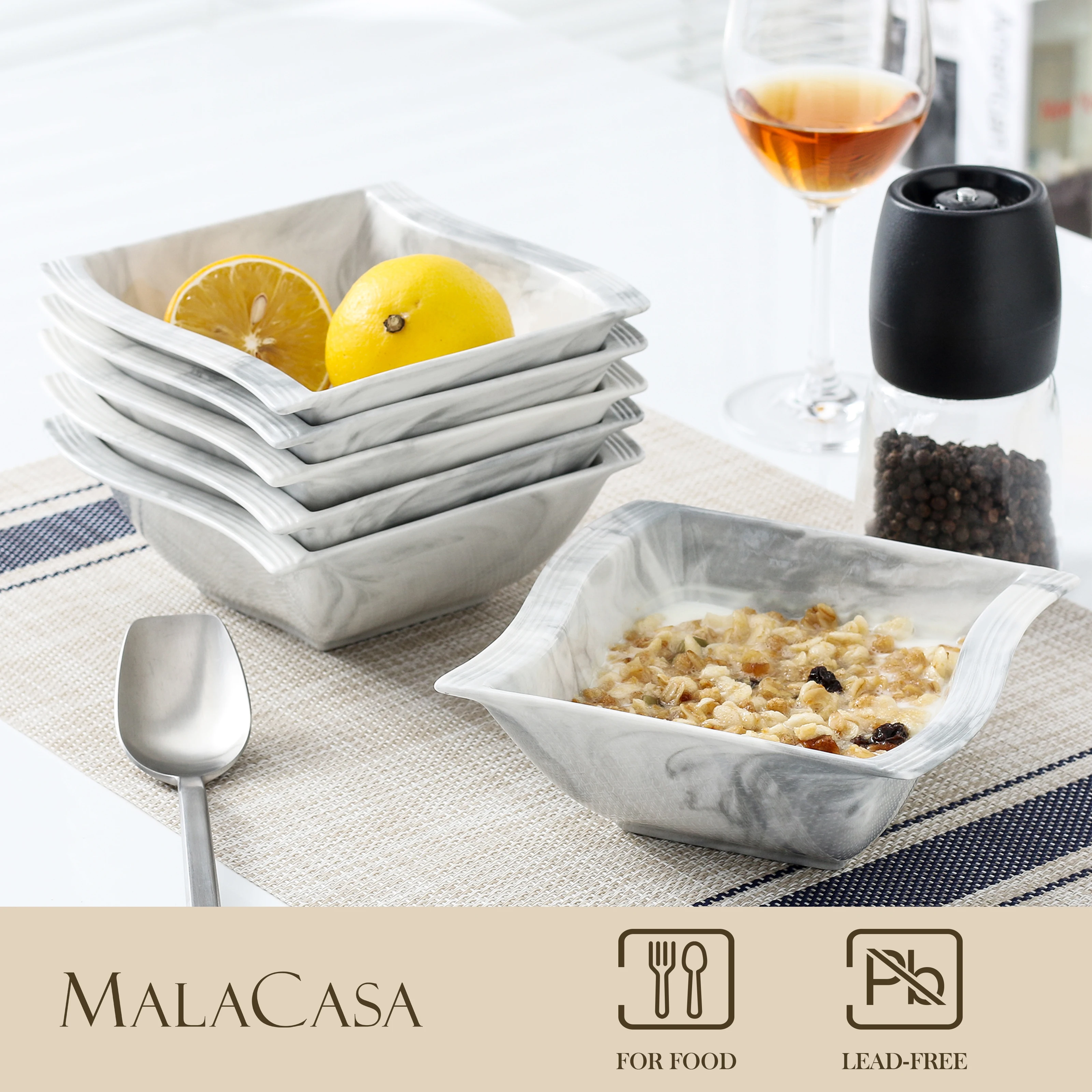 MALACASA, Series Blance, 5.5 Cereal Bowls Soup Bowls Marble Grey