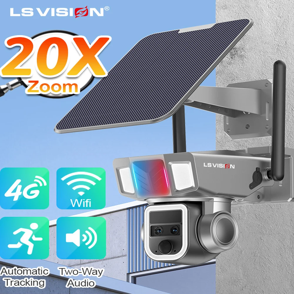 

LS VISION Dual Screen 4G Camera Outdoor Solar Powered Battery Cam 20X Zoom PTZ Humanoid Detection Auto Tracking Cctv Waterproof