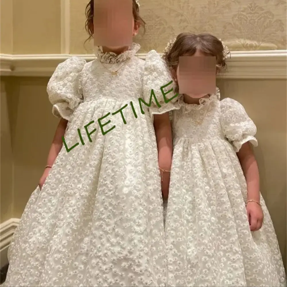 Flower girl dresses half sleeve white lace flower girl dress wedding puffy balloon sleeve pricness pageant birthday high neck