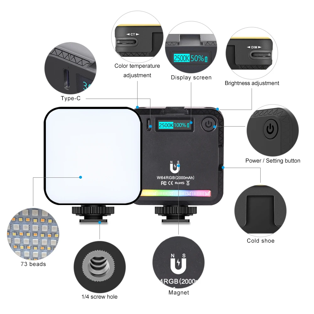W64RGB 비디오 라이트 휴대용 사진 카메라, 2500K-9000K 조명, 콜드 슈, 카메라 폰 셀카 라이브용 20 색 조정