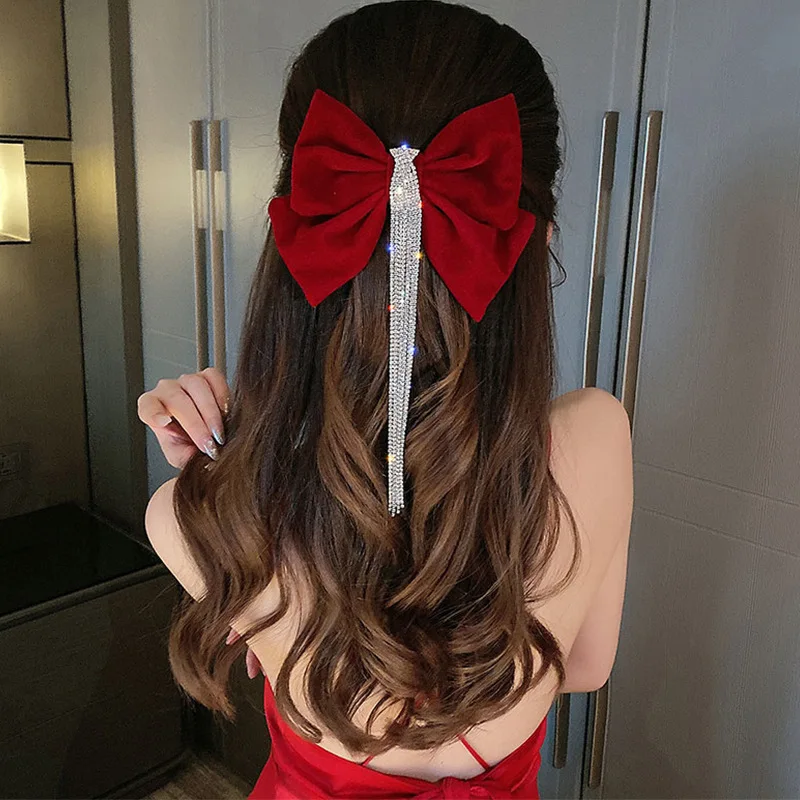 

Big Bow Bling Rhinestone Tassels Hair Clip Satin Hairpins Barrettes Wedding Korean Hair Clips Hairgrip Accessories For Women