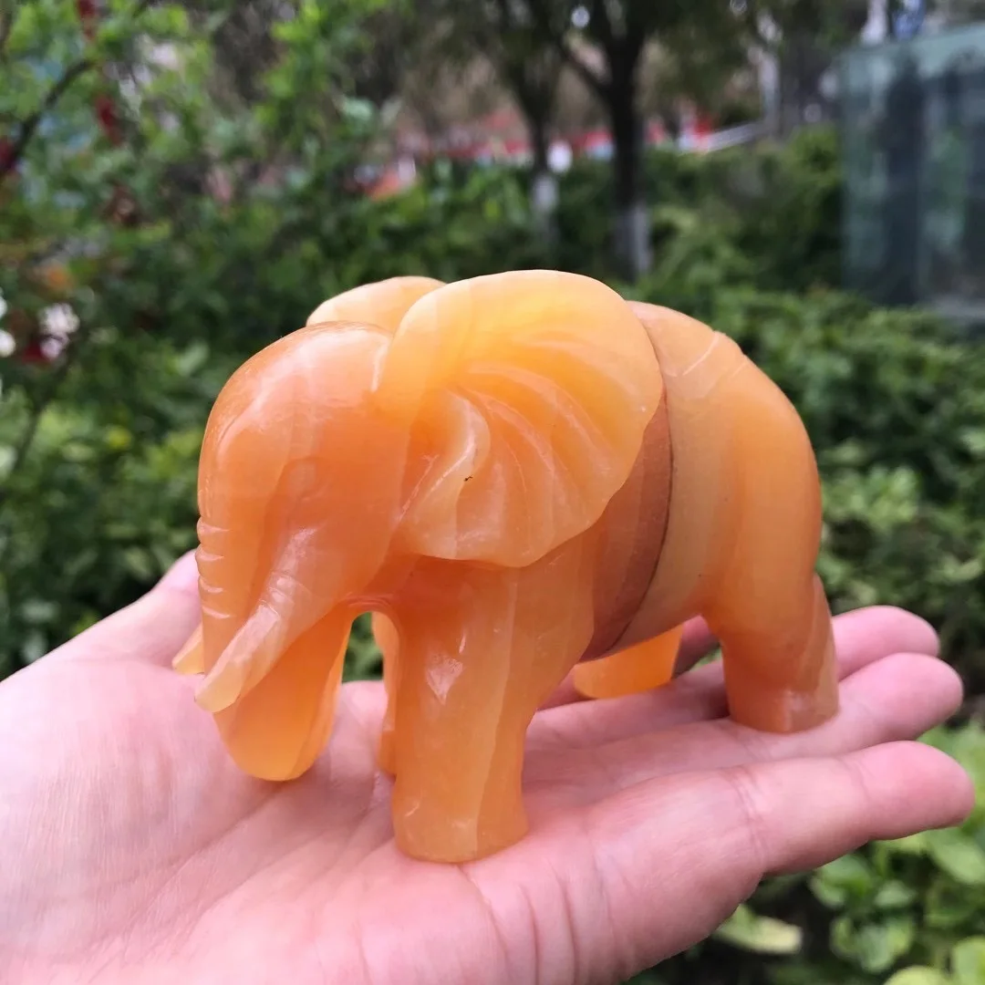 

10cm Natural Orange Calcite Crystal Elephant Carving Polished Healing Stone Home Decor Creative Christmas Gifts For Kids 1pcs