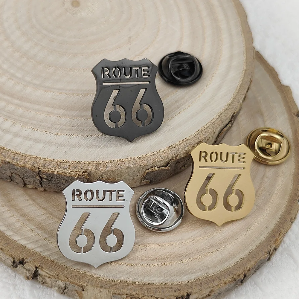 Route 66 shield lapel pin in Gold, Silver, and Black 316L stainless steel finishes with butterfly clutch backs