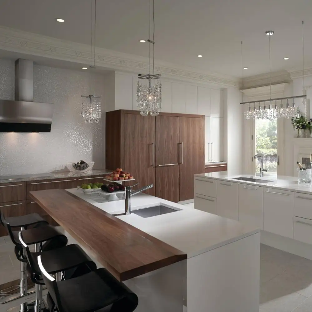 

Modern Economical Wooden Veener Style MFC White Finish Mixed Color Kitchen Cabinet With Large Island