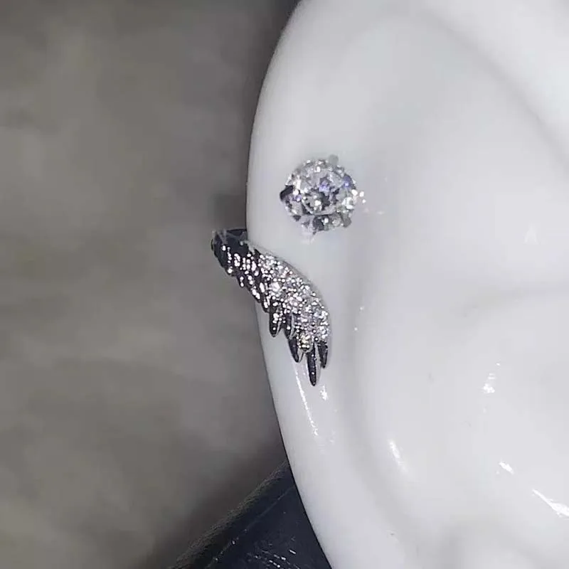 Zircon Wing Ear Bone Nail Silver Color Metal Shiny Crystal