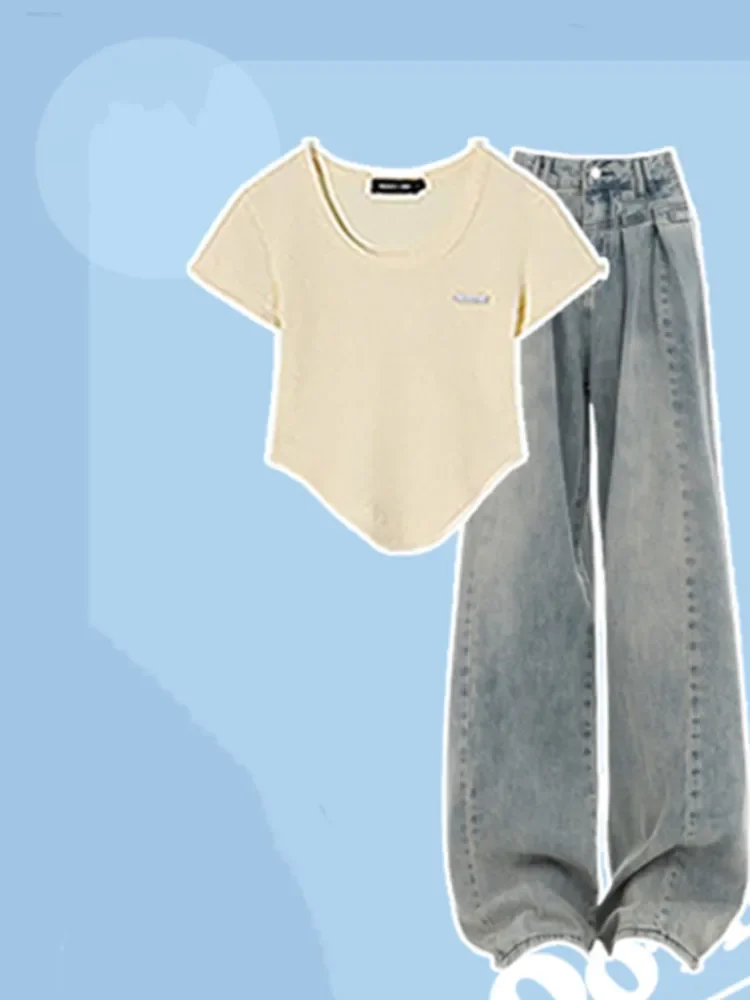 2024 Spring/Summer New Korean Version Spicy Girl Fashion Niche Top Versatile Set of Jeans Two-piece Set Trendy