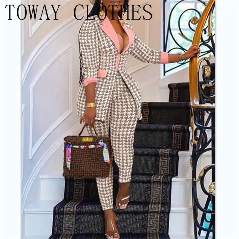 Houndstooth print long sleeve corset blazer coat & pants set Clearance