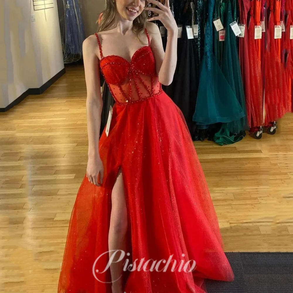 

Romantic Party Dress For Women Beading Split Sweetheart Neck Evening Gowns Spaghetti Straps A Line Floor Length Prom Dresses