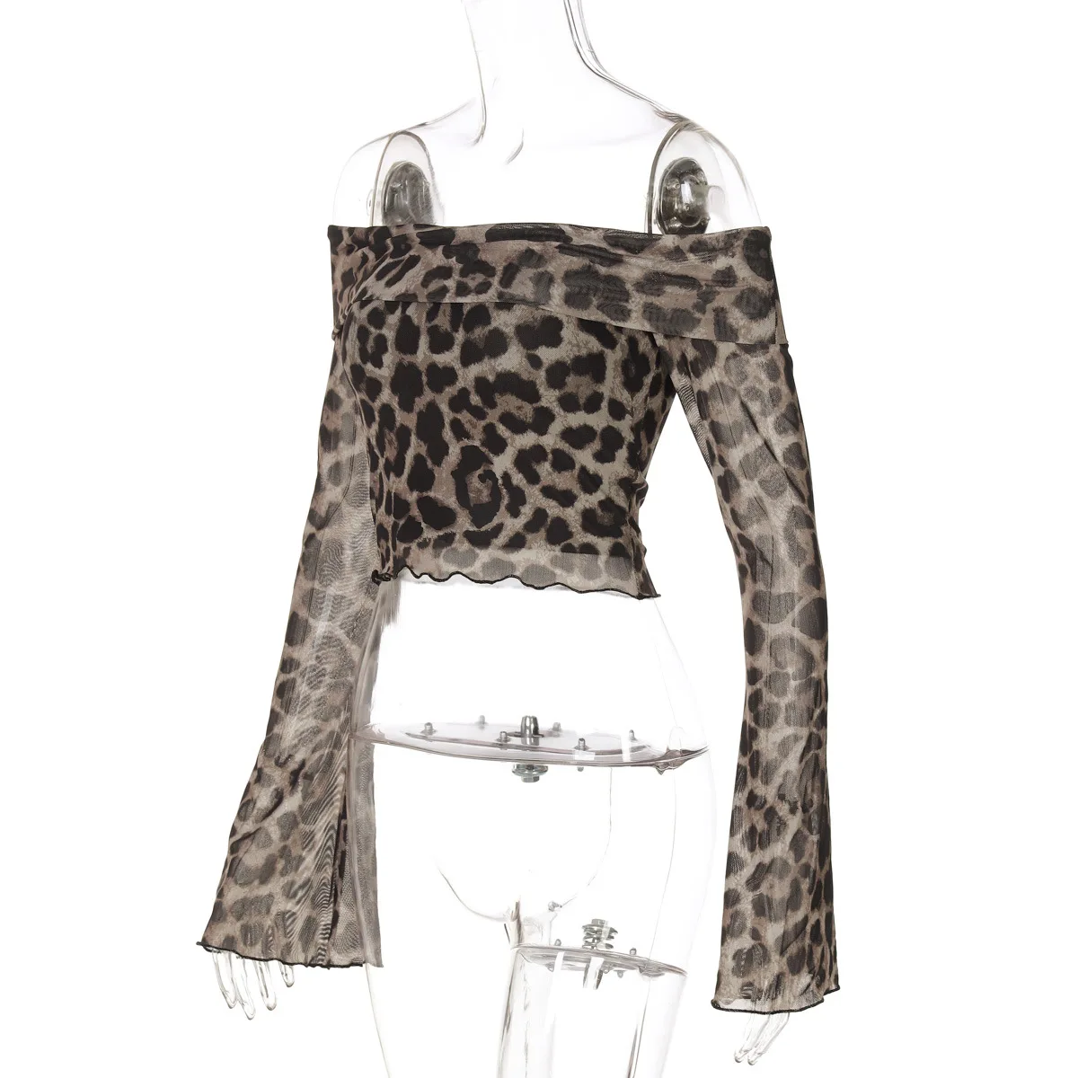 Leopard Printed Mesh T-shirt Top For Women Off-Shoulder Long Sleeve Cropped Y2k Top Pullover Contrast Female Slim Tee