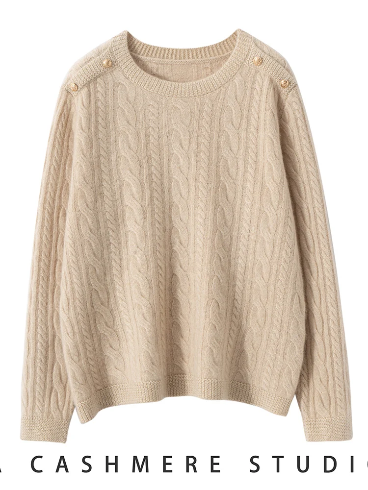 Chic Autumn Winter Grace Women's Clothing O-Neck Button Pullover 100% Cashmere Sweater Twist Flower Soft knitwear Thick New Tops