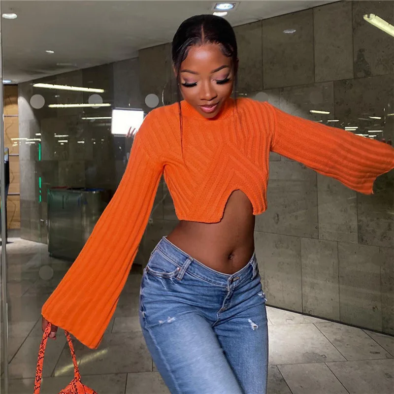 Aniow New Autumn Winter Orange Long Sleeve Sweater Street Casual Women  Pullovers Turtleneck Warm Crop Top Knitted Sweater - Pullovers - AliExpress
