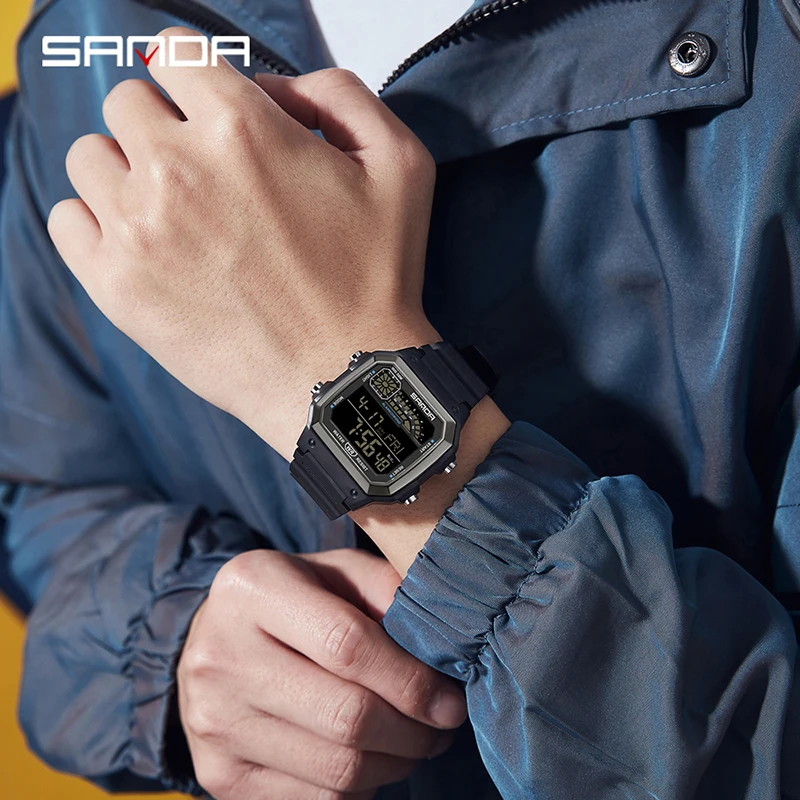 2024 SANDA 6196 Electronic Watch Multi functional Night Glow Waterproof Sports Men's Lightweight Square Classic Student Watch 6