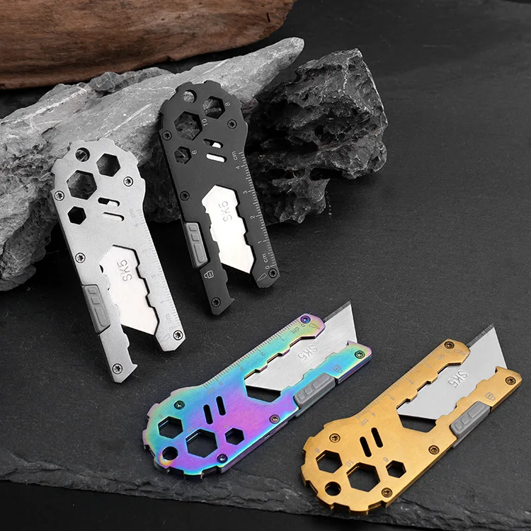 6 in 1 Multifunctional Art Mini Utility Knife EDC Tool Stainless Steel DIY Mini Nóż Planting Knife Creative Box Cutter Opener 6 in1 multifunctional stainless steel utility knife 18mm 25mm ruler bottle opener tail snap off unboxing cutter art couteau