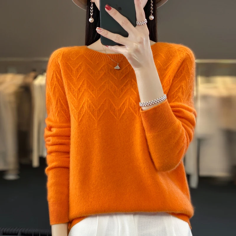 

Autumn and winter new ladies 100% merino wool round neck solid color first-line ready-to-wear pullover