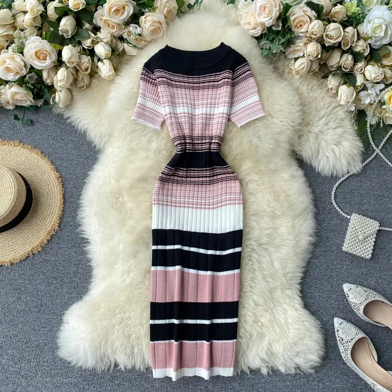 YuooMuoo Lady Stripes Knitted Bodycon Office Dress Summer Slim Elastic Sexy Package Hips Party Dress Women Outfits Vestidos 4