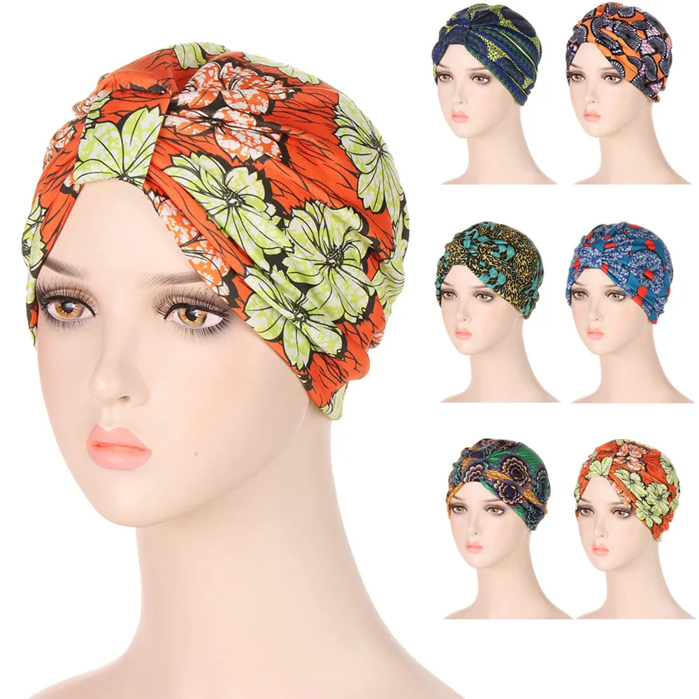 

Women Knot Pleated Muslim Hijab Turban Strech Hats Headscarf African Floral Print Bandanas Headwear Hair Loss Cancer Chemo Caps