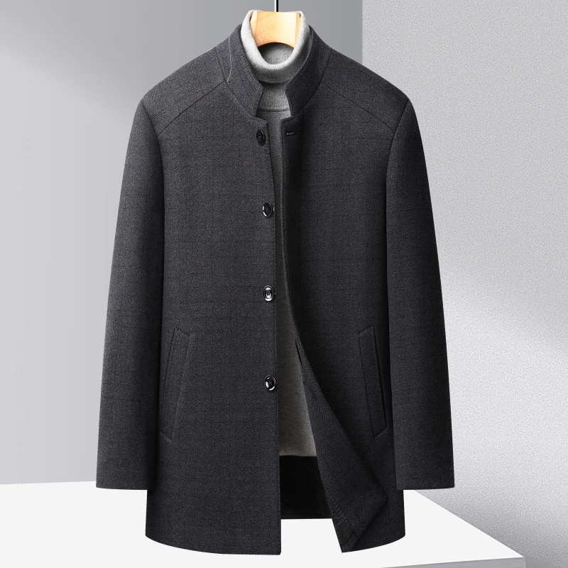 

2023 High Quality Men Middle-aged and Elderly Fashion Handsome Trend Casual Quality Stand Collar Wool Thickened Trench Coat