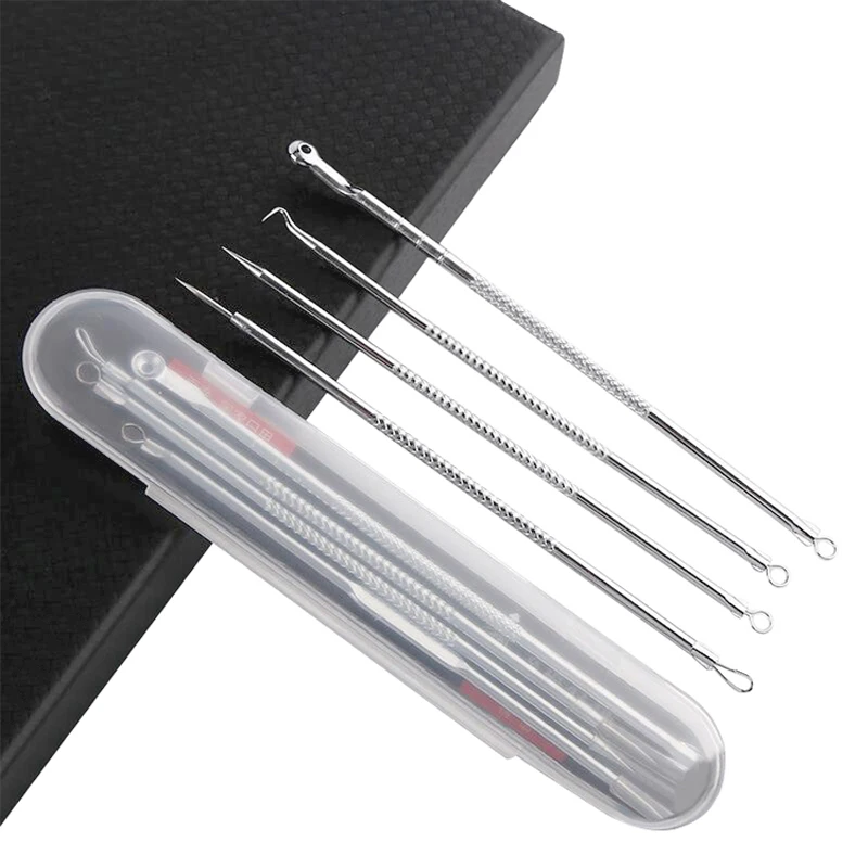4PcsAcneNeedleTweezersSetPimplesSqueezingProfessionalToolsStainlessSteelCleansing