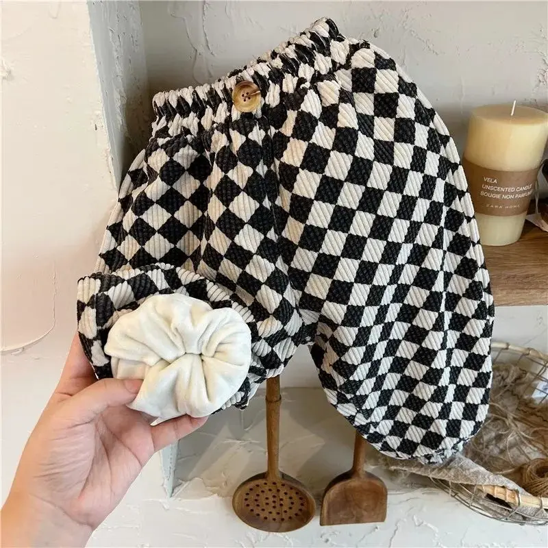 

Kids Checkerboard Pants Winter New 2022 Baby Girl Casual Fleece Pants corduroy Plaid Trousers 1-7 Yrs Baby Boy's Loose Trousers