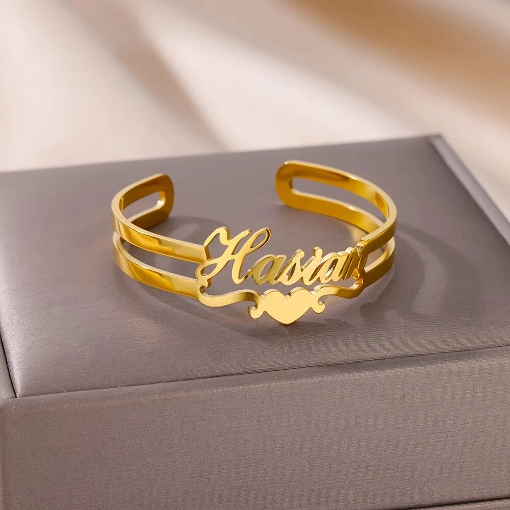 

Custom Heart Ribbon Bangle For Women Stainless Steel Gold Color Personalized Ribbon Bangle Wedding Party Fashion Jewerly Gift