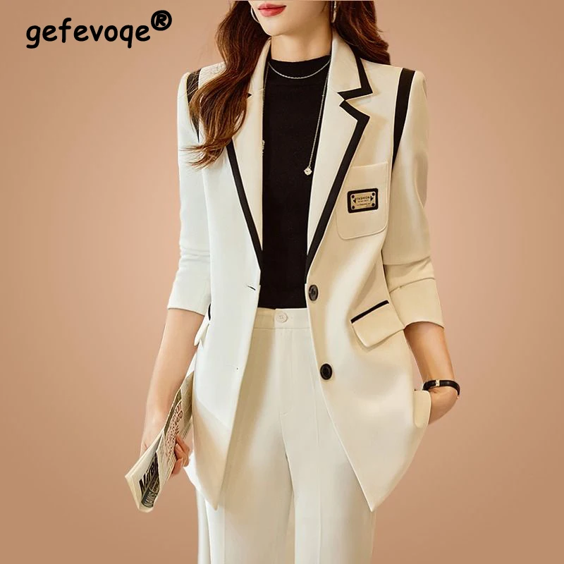 2023 Women new Contrast Color Business Casual Office Lady Fashion vintage Elegant Chic Blazer Jacket High Waist Straight Suit