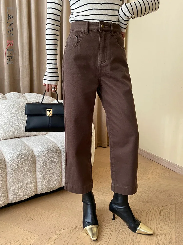 

[LANMREM] Thick Warm Office Lady Jeans For Women High Waist Straight Denim Pants Fashion Female Clothing 2024 Spring New 26D7988