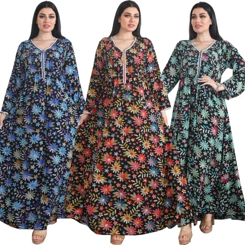 Turkish Abaya For Woman Chic Diamonds Printing Muslim Clothing Kuwaiti Loose Full Sleeve Dubai Moroccan Islamic Robe