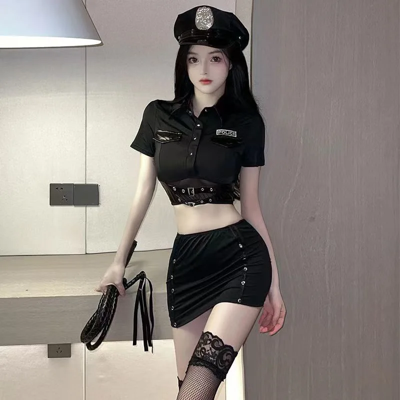 

Sexy Lingerie Outfit Police Cosplay Halloween Costume for Women Nightclub Party Role Play Crop Top Skirt Set Cop Office Uniform