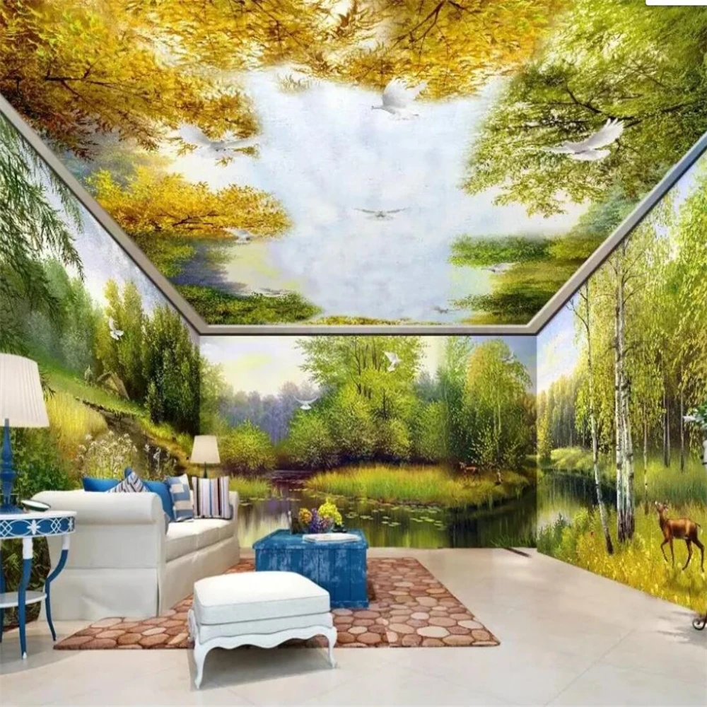 Papel de Parede 3d Personalizado para Decoração Parede do Fundo Casa Inteira Floresta Idílica Alce Foto Papel de Parede para Sala Mural
