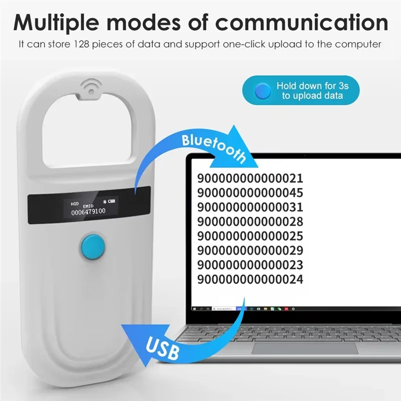Handheld Animal RFID Reader 134.2Khz Pet Cat Dog Micro-Type Chip Scanner FDX-B Glass Chip USB/Bluetooth Tag Reader