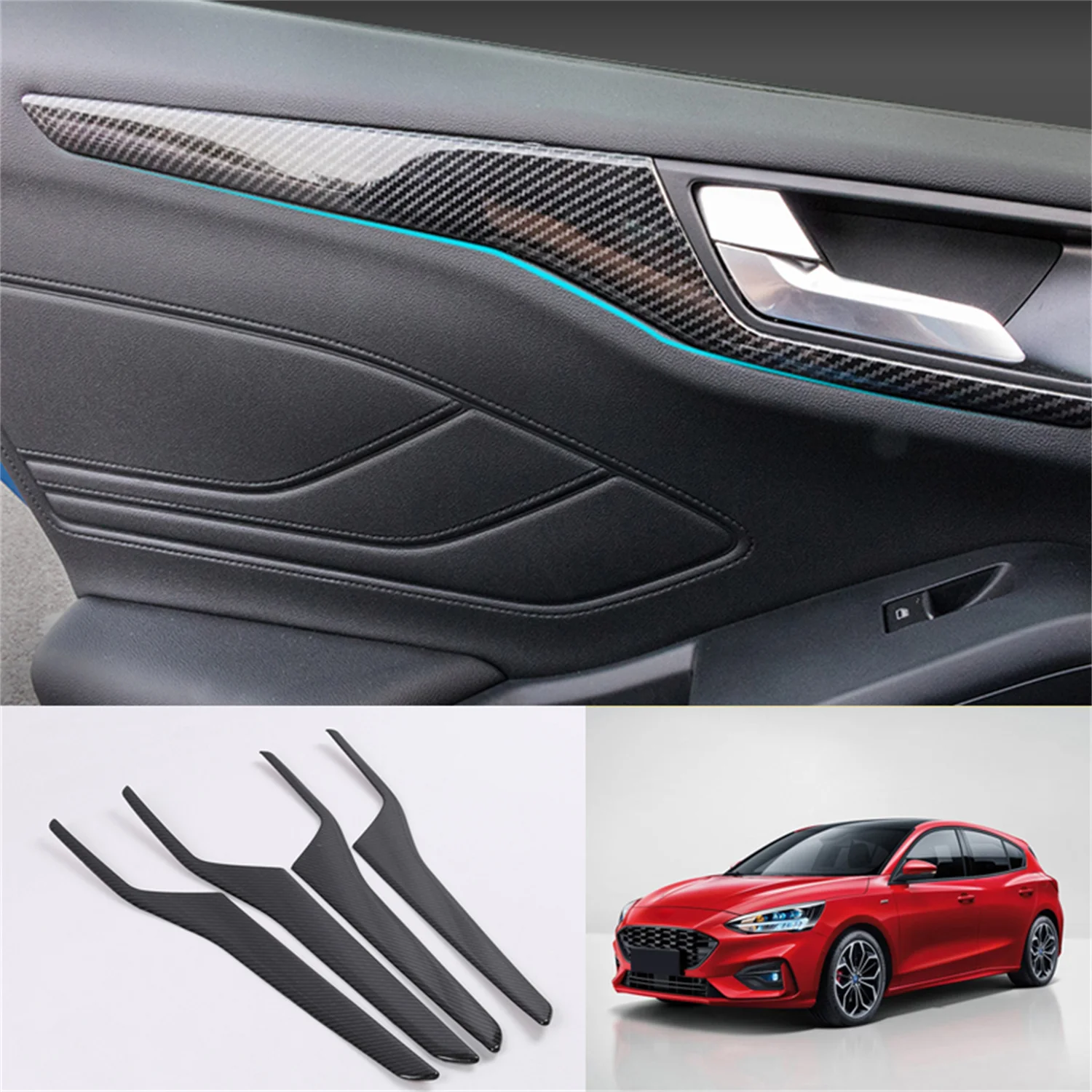 

For Ford Focus MK4 Hatchback 2019-2022 Carbon Black Interior Door Armrest Strip Decor Molding Trim ABS Car Accessories 4pcs