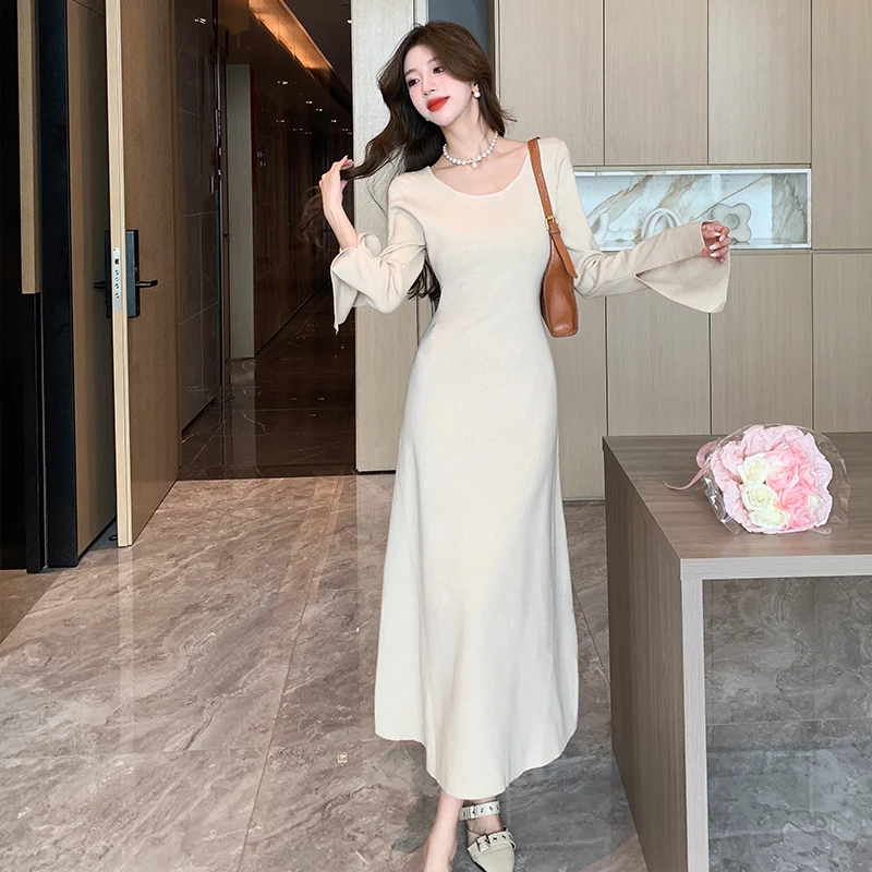 

Vintage Hepburn Maxi Dresses for Women Party Long Sleeve V-neck Mermaid Dress Elegant Fashion Ladies Vestido Knitted Autumn 2023