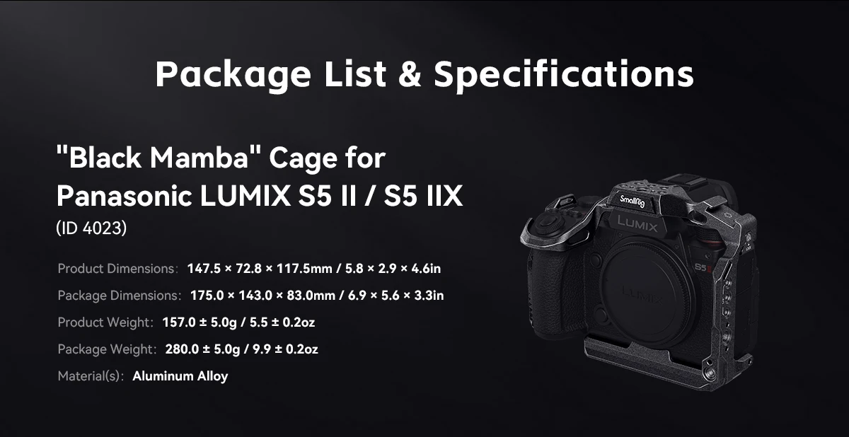 "Black Mamba "Cage Kit for LUMIX G9ii / S5ii / S5iiX Built-in Arca-Swiss Quick-R
