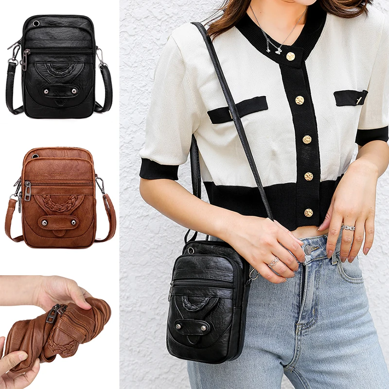 Women's Bags Soft Leather Phone Bag Vintage Washed Leather Single Shoulder Crossbody Bag Designer Style Versatile Lightweight