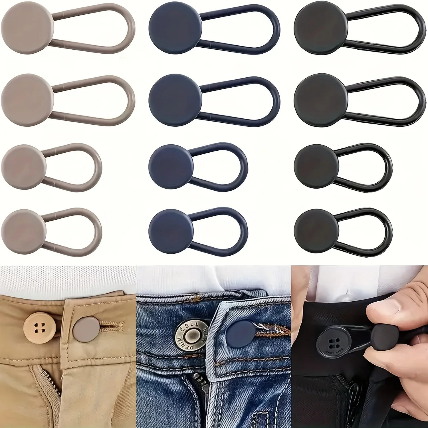 Easy-Adjust 4/12-Pack No-Sew Jean Waist Extenders - Adjustable Pants Button Expanders Adds 1-1.4 Inch Unisex In Khaki/Blue/Black 3