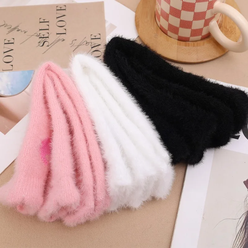 Autumn Winter Women Mink Velvet Socks Cute Cat Pink Plush Middle Tube Socks Harajuku Soft Fluffy Comfortable Home Sleeping Sock