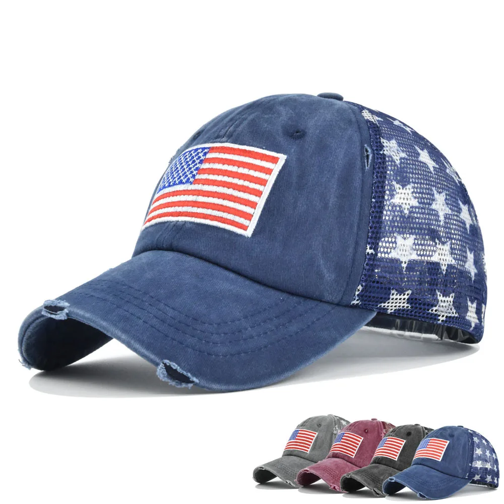 

New American Flag Embroidered Mesh Hat Men Women Five-Pointed Hat Baseball Cap Summer Sunshade Breathable Snapback Caps For Dad