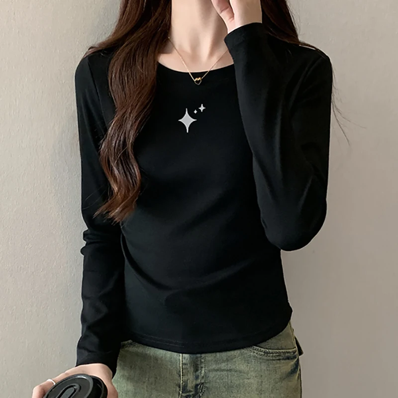 

2023 Autumn T Shirt For Women Embroidery Cotton Long Sleeve Crop Tops Woman Clothes Tshirts Korean Fashion Tee Shirt Femme Black