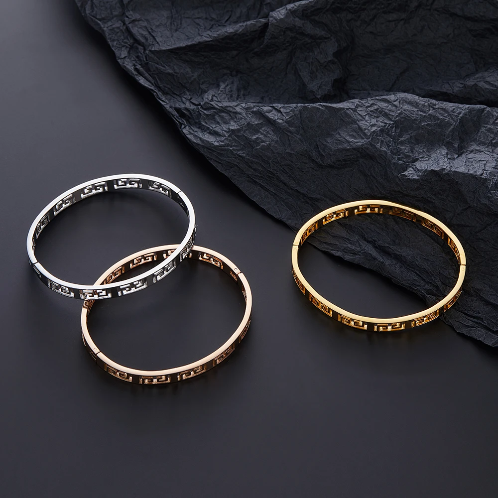 Simple Stainless Steel Hollow Bracelet for Women Luxury Hand Carved Patterns Bracelet Bangle Party Jewelry Gift