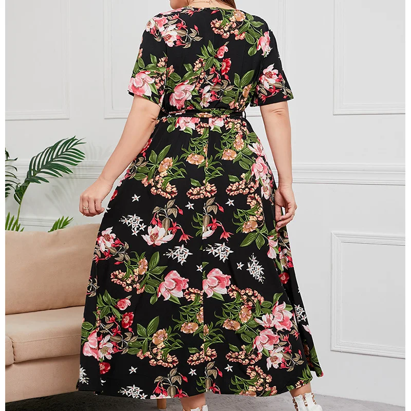 Fashion Plus Size Summer Clothes for Women V-Neck Bandage Short Sleeve Elastic Waist Geometric Pattern Print Elegant Long Dress
