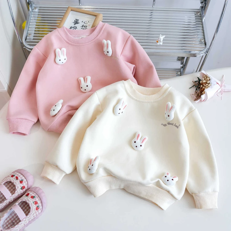 2025 New Autumn Collection Cartoon Print Girls' Sweatshirt with Cute Embellishments Spring/Autumn Rabbit-Print Kids Top Clothing