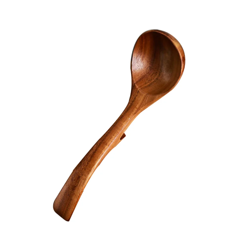 Long Handle Spoon with Hook Large Soup Ramen Noodles Wooden Teak Ladle Acacia Cooking Serving Porridge