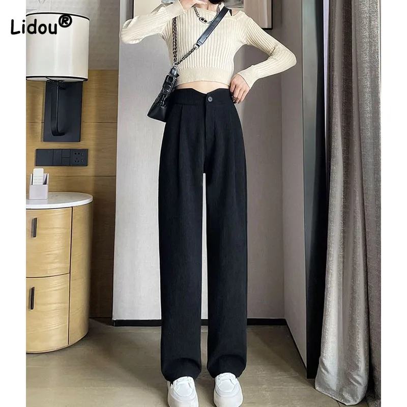 Autumn Winter Lady Fashion Korean High Waist Button Pants Women's Clothing New Loose Simplicity Solid Color Wide Leg Trousers